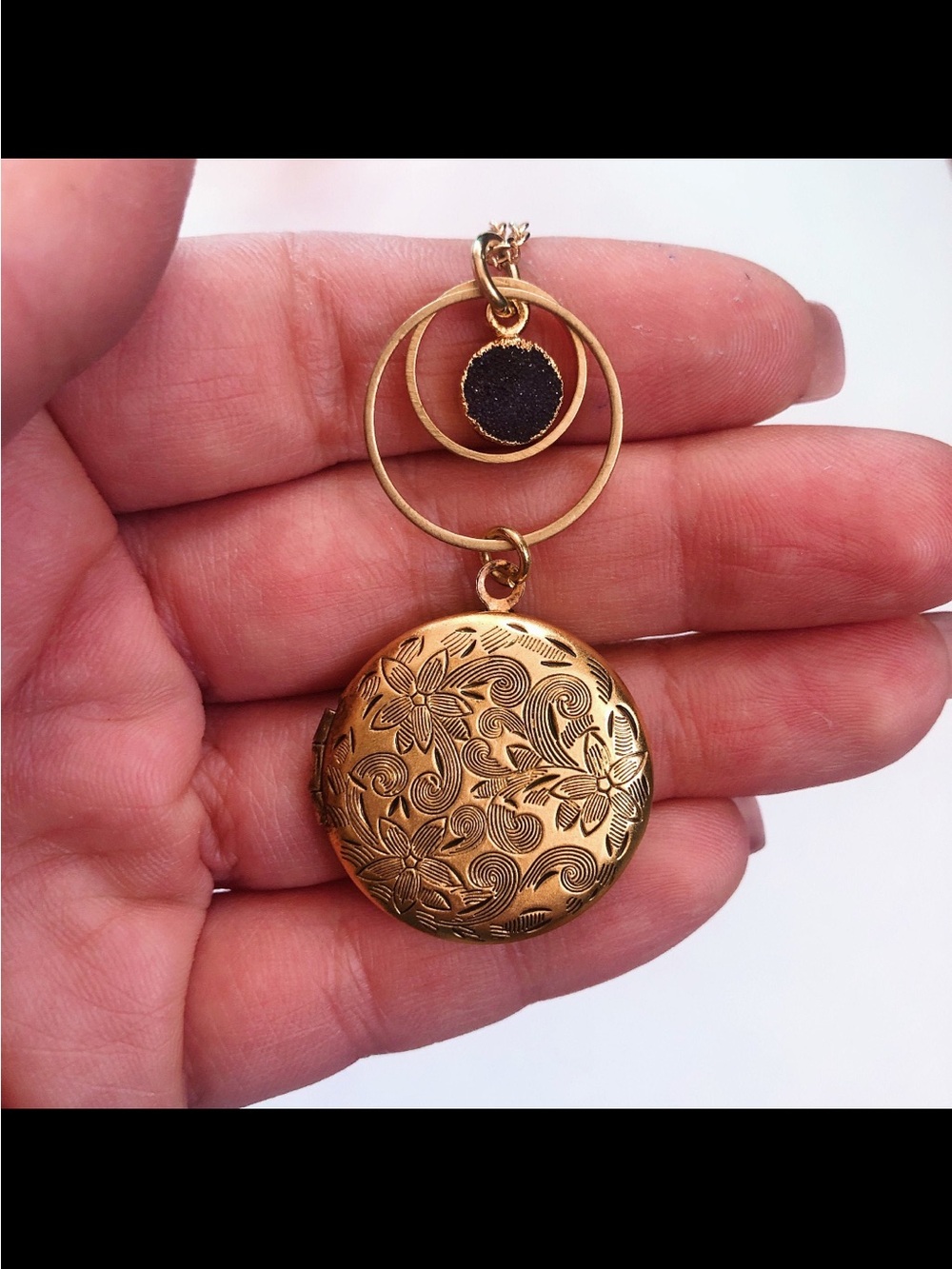 Long Floral Vintage Etched Locket Necklace With Black Druzy (NWOT)